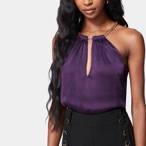 NWT Bebe Purple Chain Neck Halter Blouson Bodysuit Y2K Club Night Jewel Tone